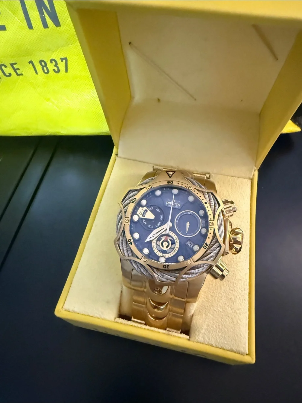 Invicta Reserve Gold Tone Watch with Blue Dial and Cable Accent